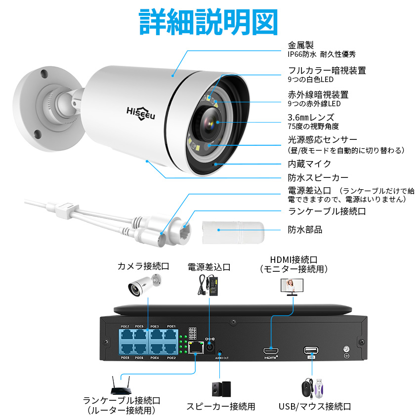 Hiseeu 防犯カメラ 屋外 家庭用 500万画素 有線 POE 4台 モニター付き
