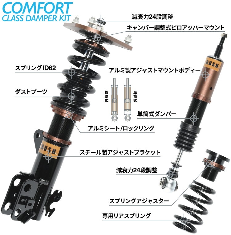 RUSH車高調 プリウス ZVW50 ZVW51 車高短 モデル フルタップ車高調