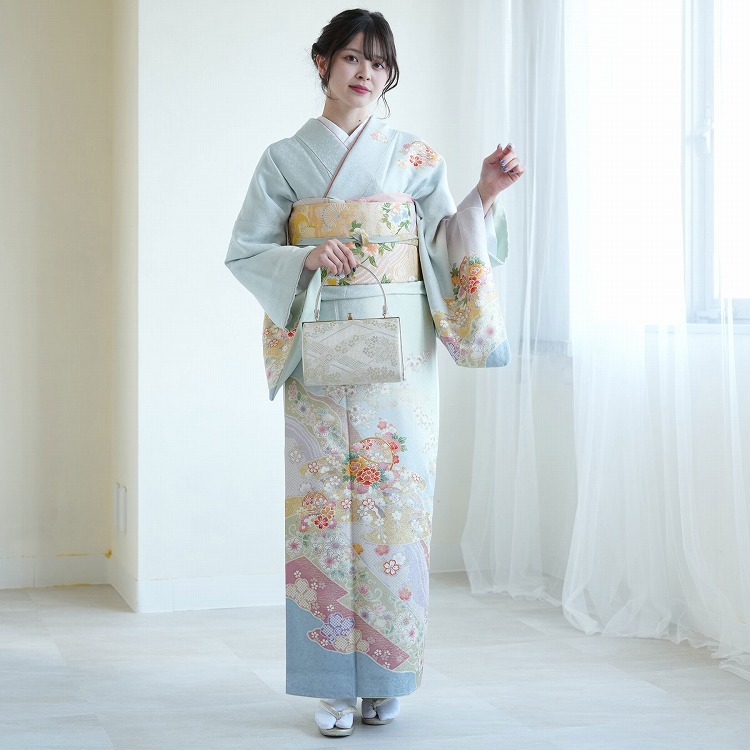 訪問着 レンタル おしゃれ 20点 フルセット 正絹 着物 花柄 水色系