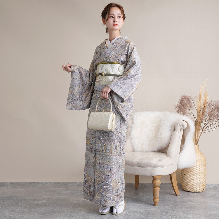 訪問着 レンタル おしゃれ 20点 フルセット 正絹 着物 花 グレー系