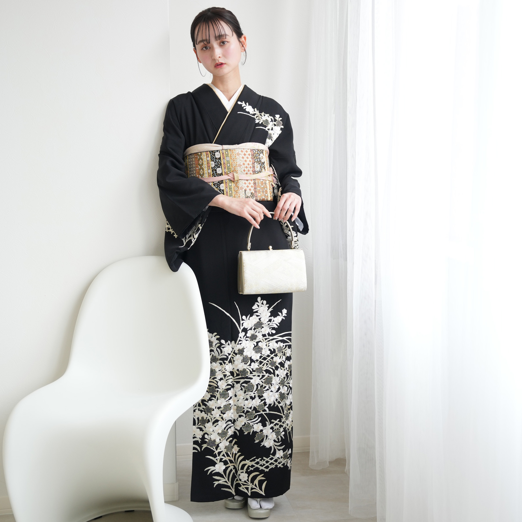 訪問着 レンタル おしゃれ 20点 フルセット 正絹 着物 桜 黒系 七五三