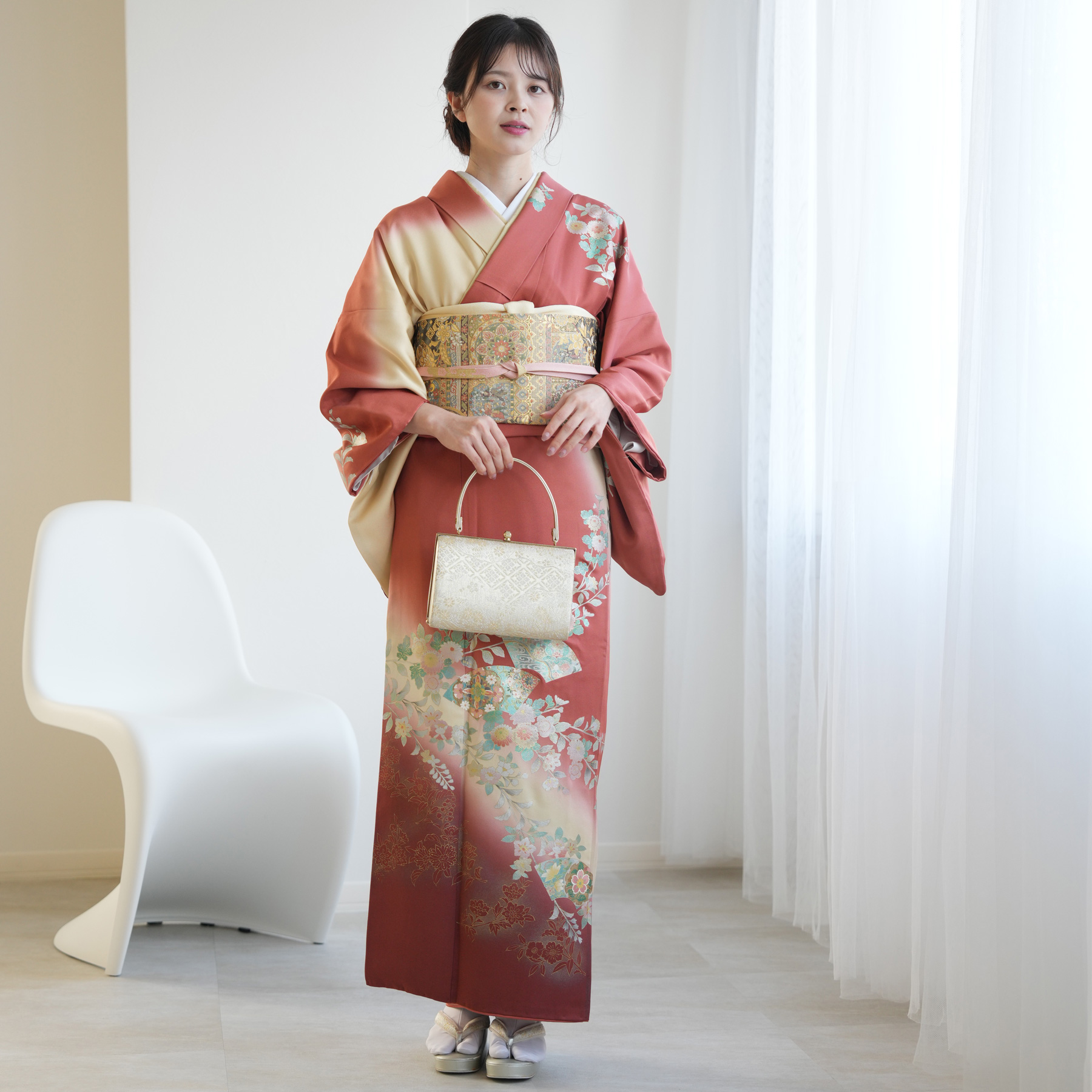 訪問着 レンタル おしゃれ 20点 フルセット 正絹 古典 レトロ 花 赤茶