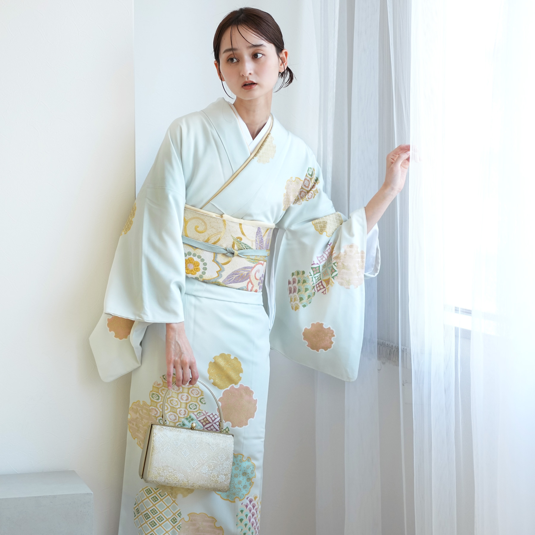 訪問着 レンタル おしゃれ 20点 フルセット 正絹 着物 雪輪 水色系