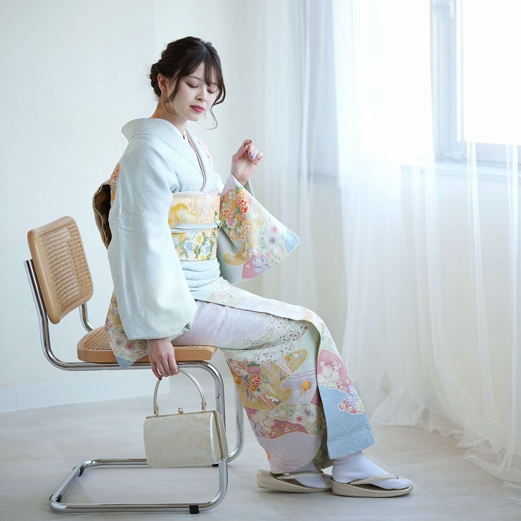 訪問着 レンタル おしゃれ 20点 フルセット 正絹 着物 花柄 水色系