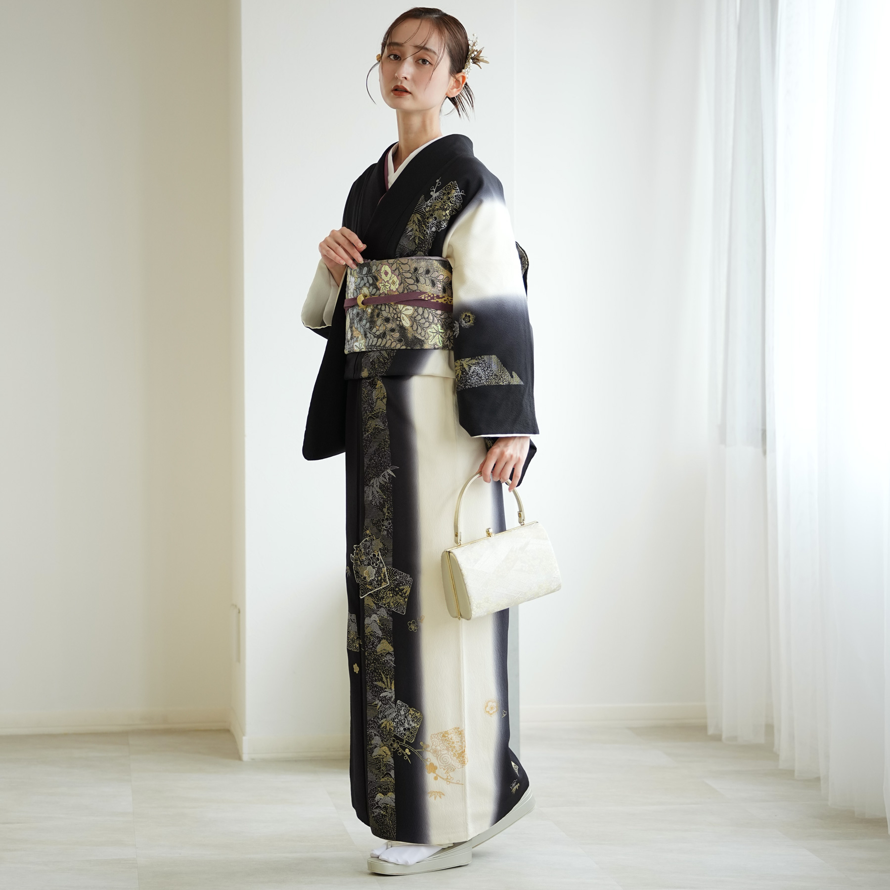 訪問着 レンタル おしゃれ 20点 フルセット 正絹 着物 花柄 黒系