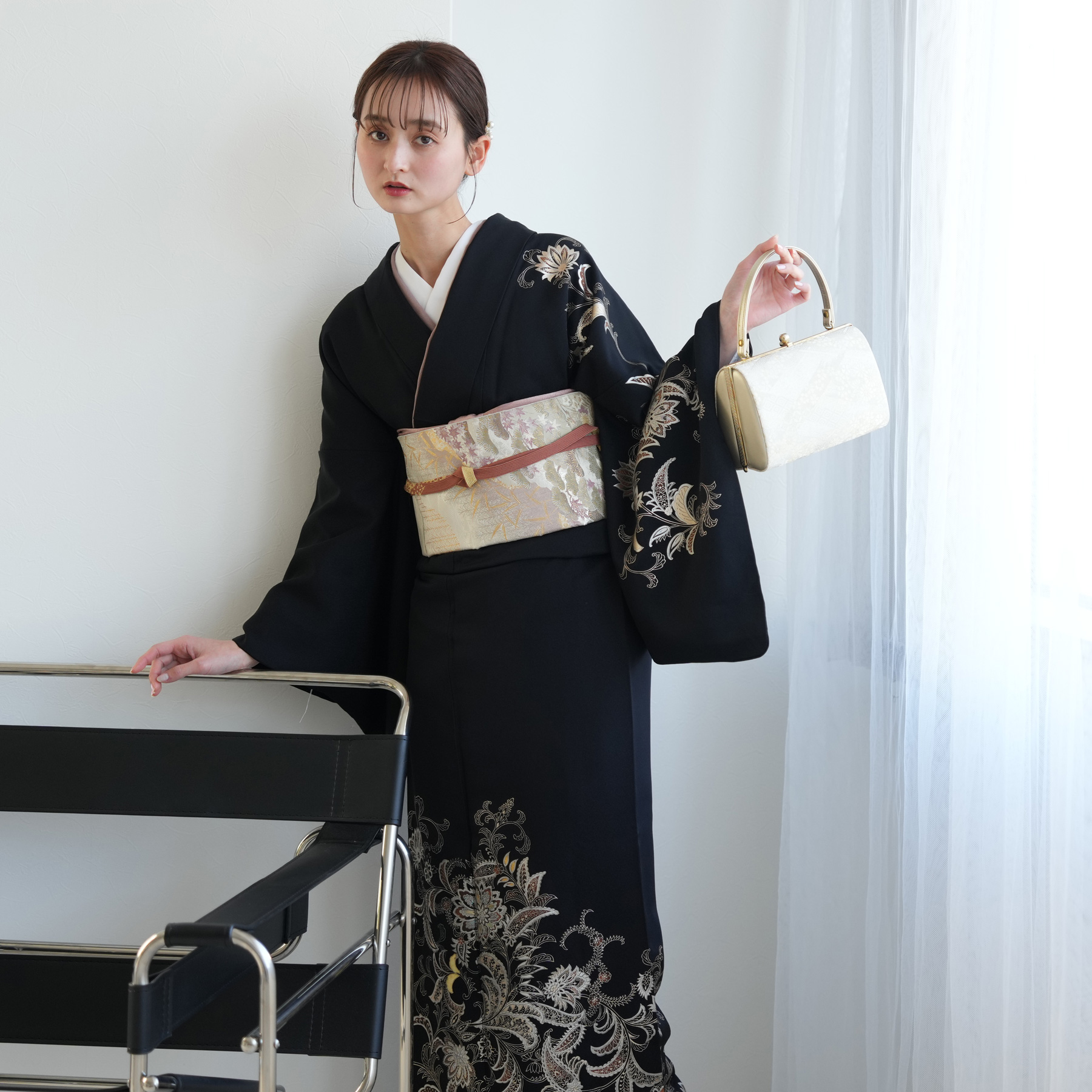 訪問着 レンタル おしゃれ 20点 フルセット 正絹 着物 花 黒系 七五三