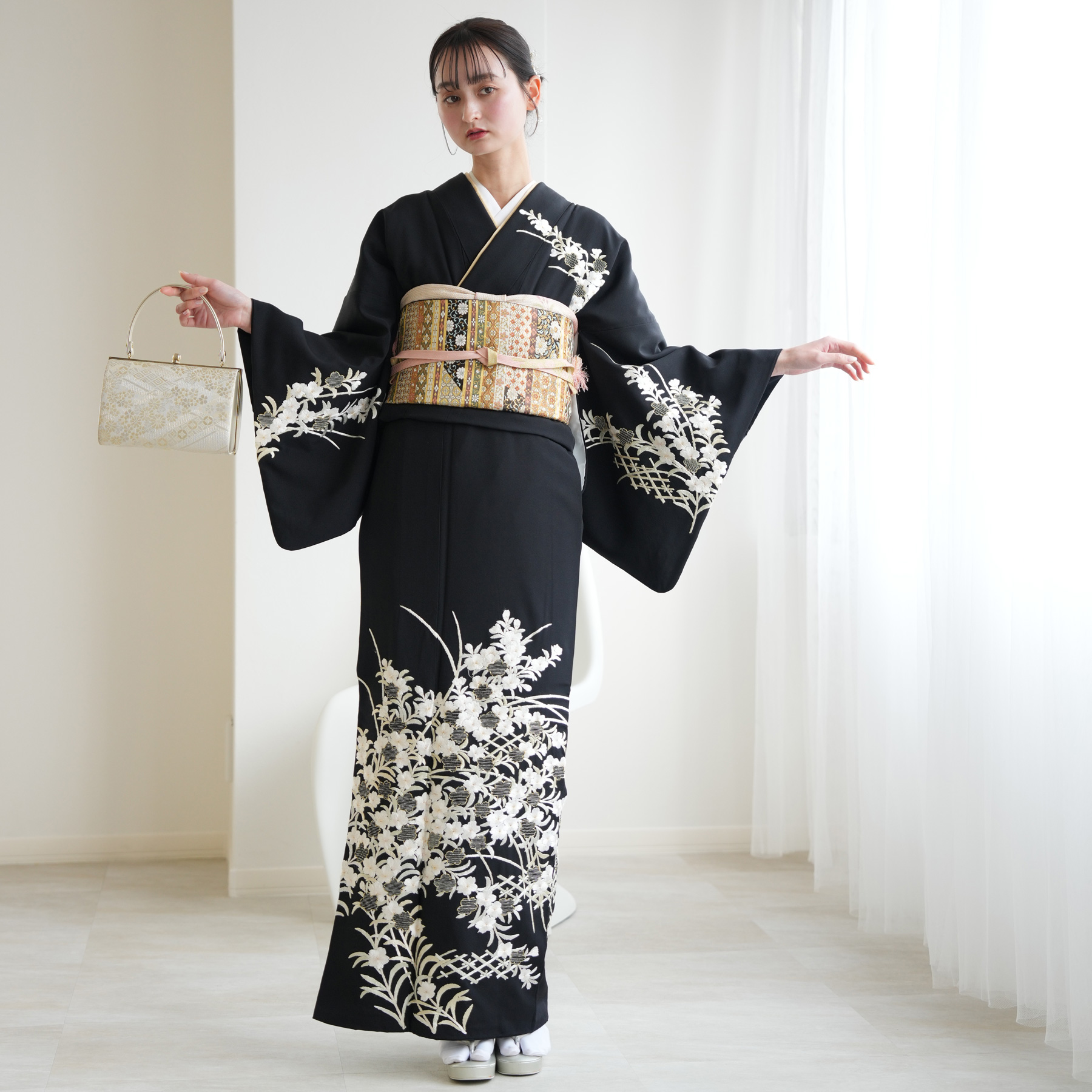 訪問着 レンタル おしゃれ 20点 フルセット 正絹 着物 桜 黒系 七五三