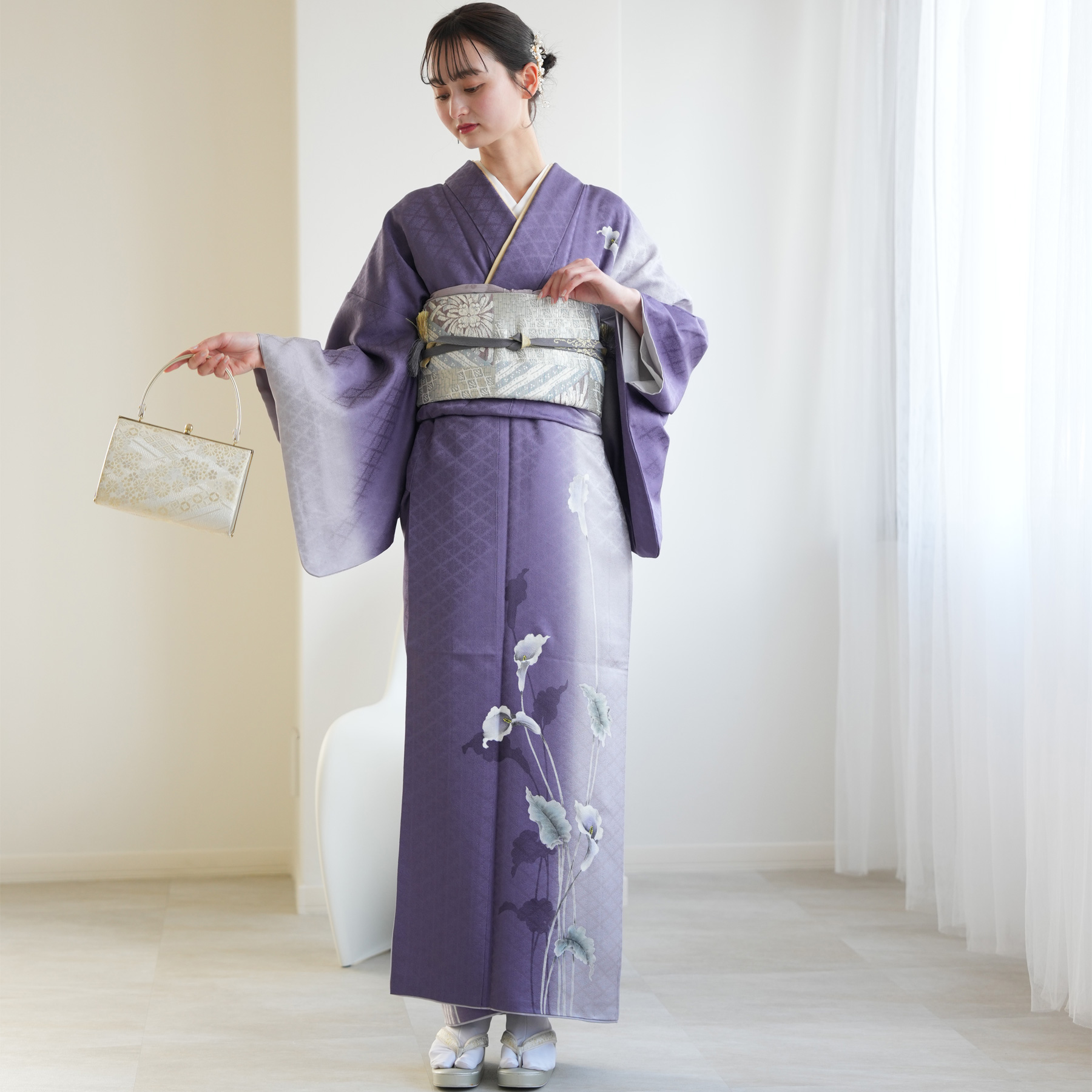 小紋 フルセット 着物 正絹 更紗 暗紫 花 縮緬 おしゃれ D2 楽天市場