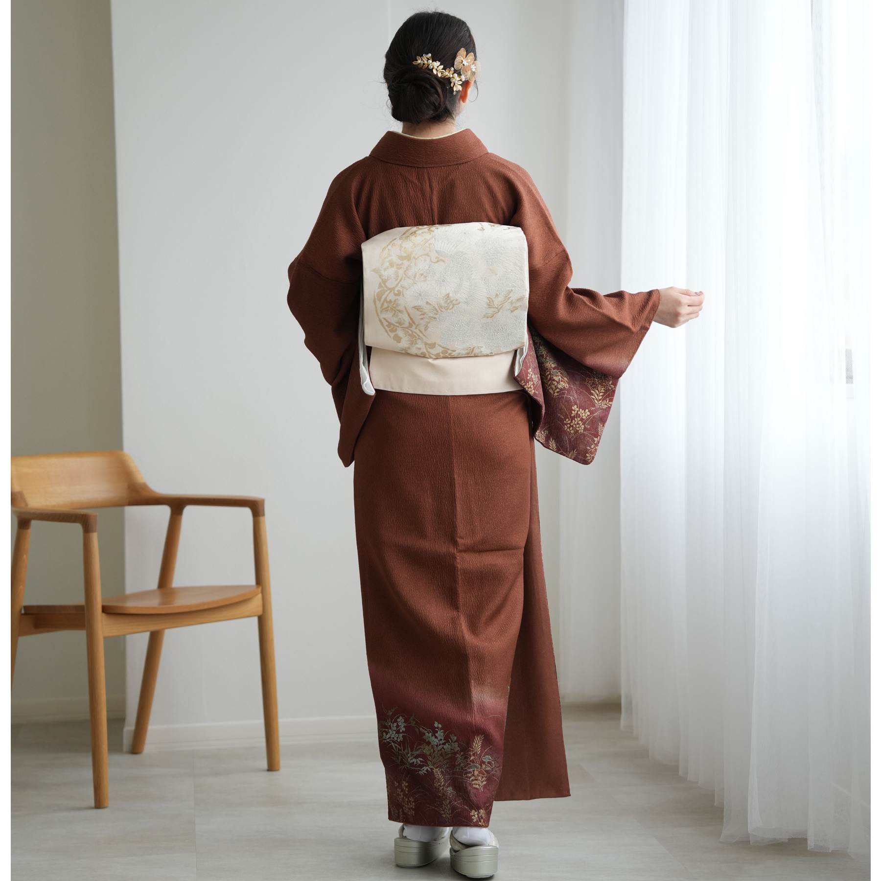 レンタル 付け下げ 20点セット 附下 着物 草花 えんじ系 赤茶 ブラウン