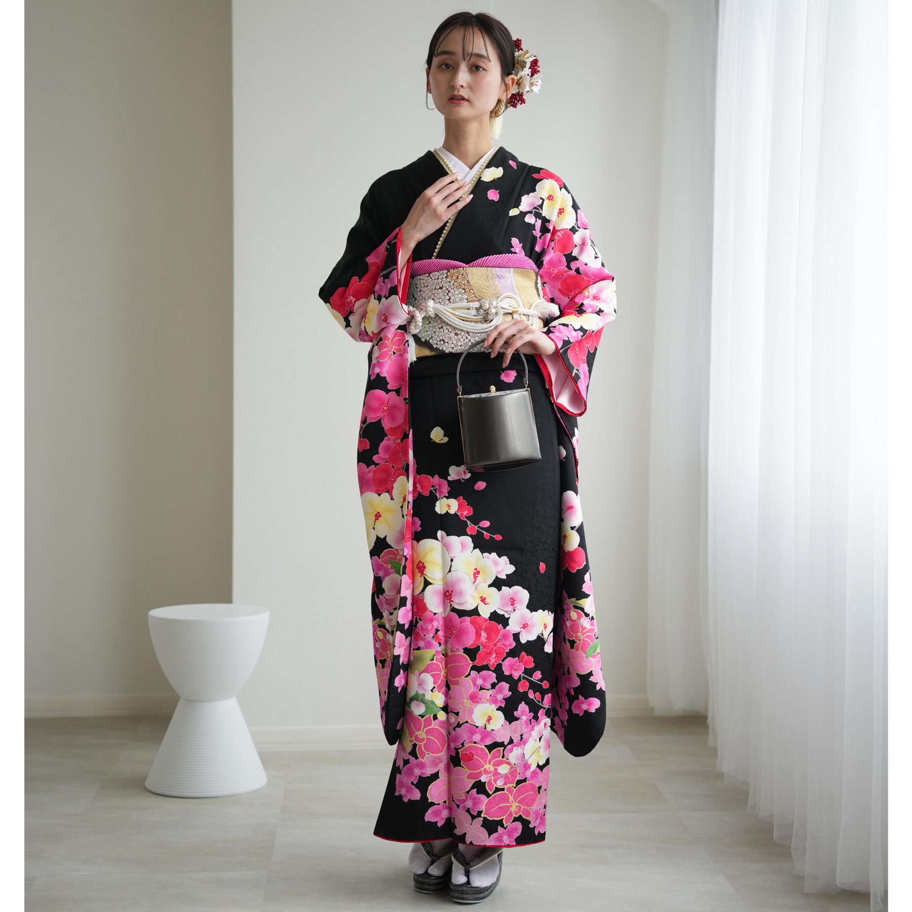 振袖 レンタル 成人式 21点セット レトロ 振袖セット 花 黒系 正絹