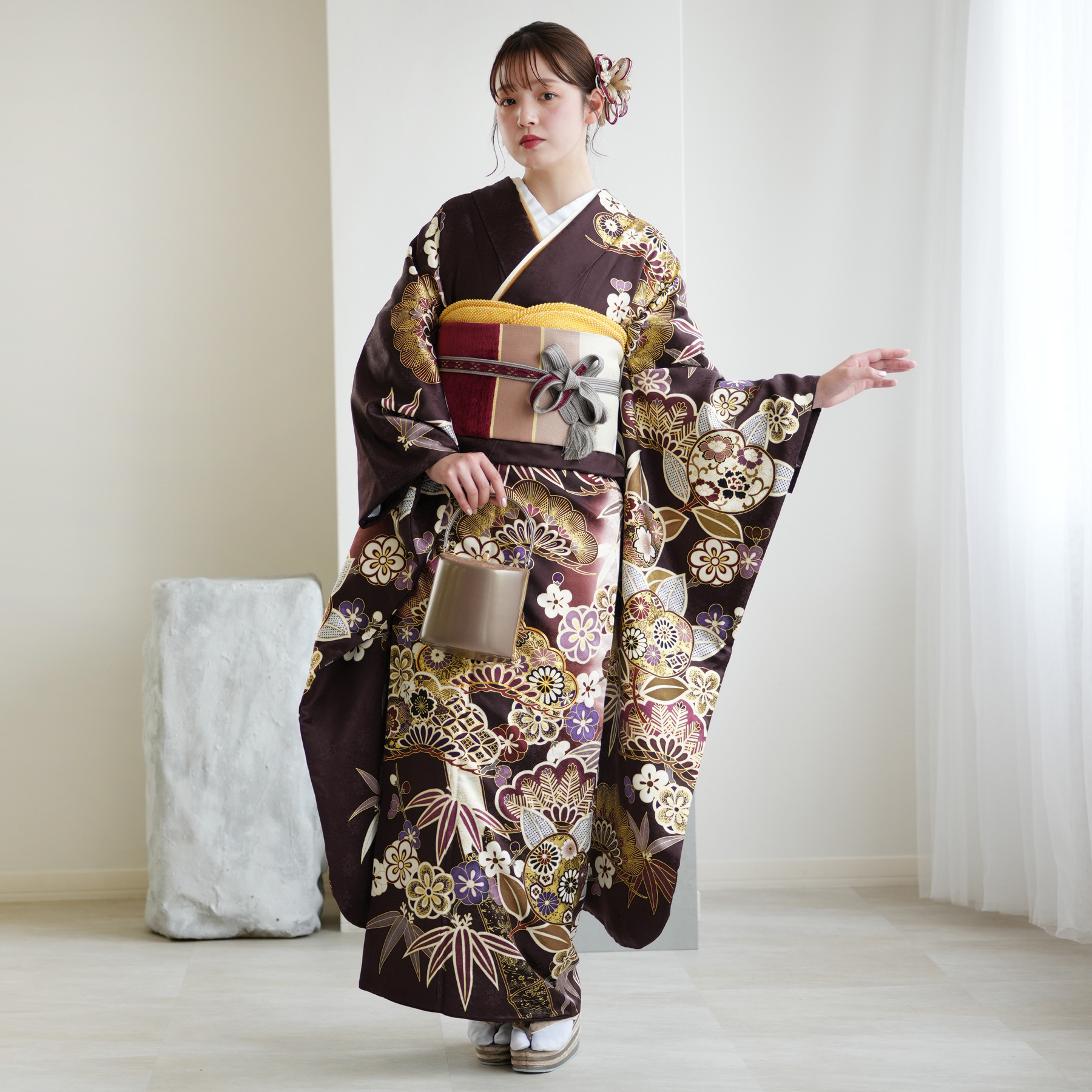 レンタル 振袖 正絹着物+袋帯 21点セット 絵羽 特選・渋紫に華やか吉祥