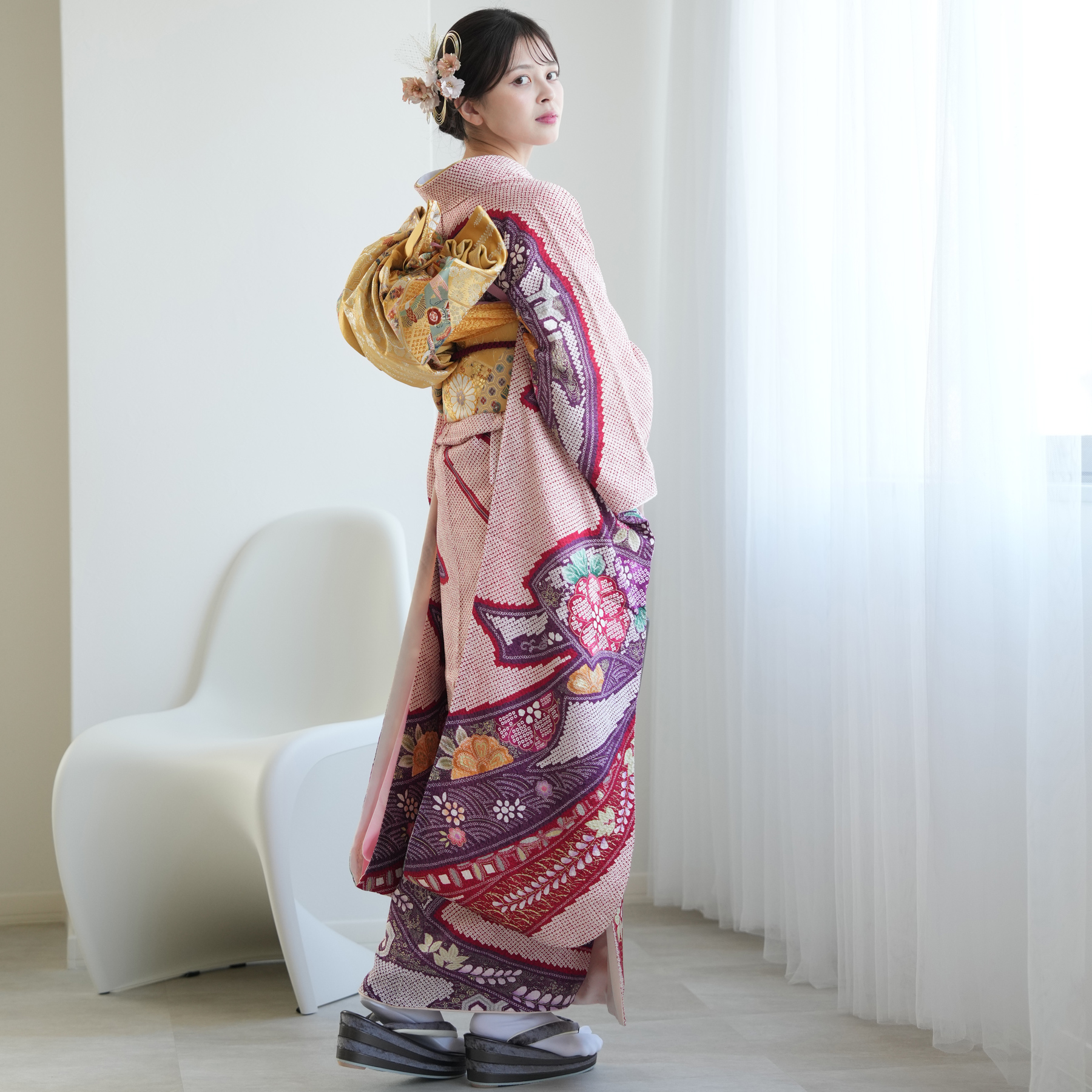 振袖 レンタル 成人式 21点セット レトロ 振袖セット 花 紫 赤 正絹