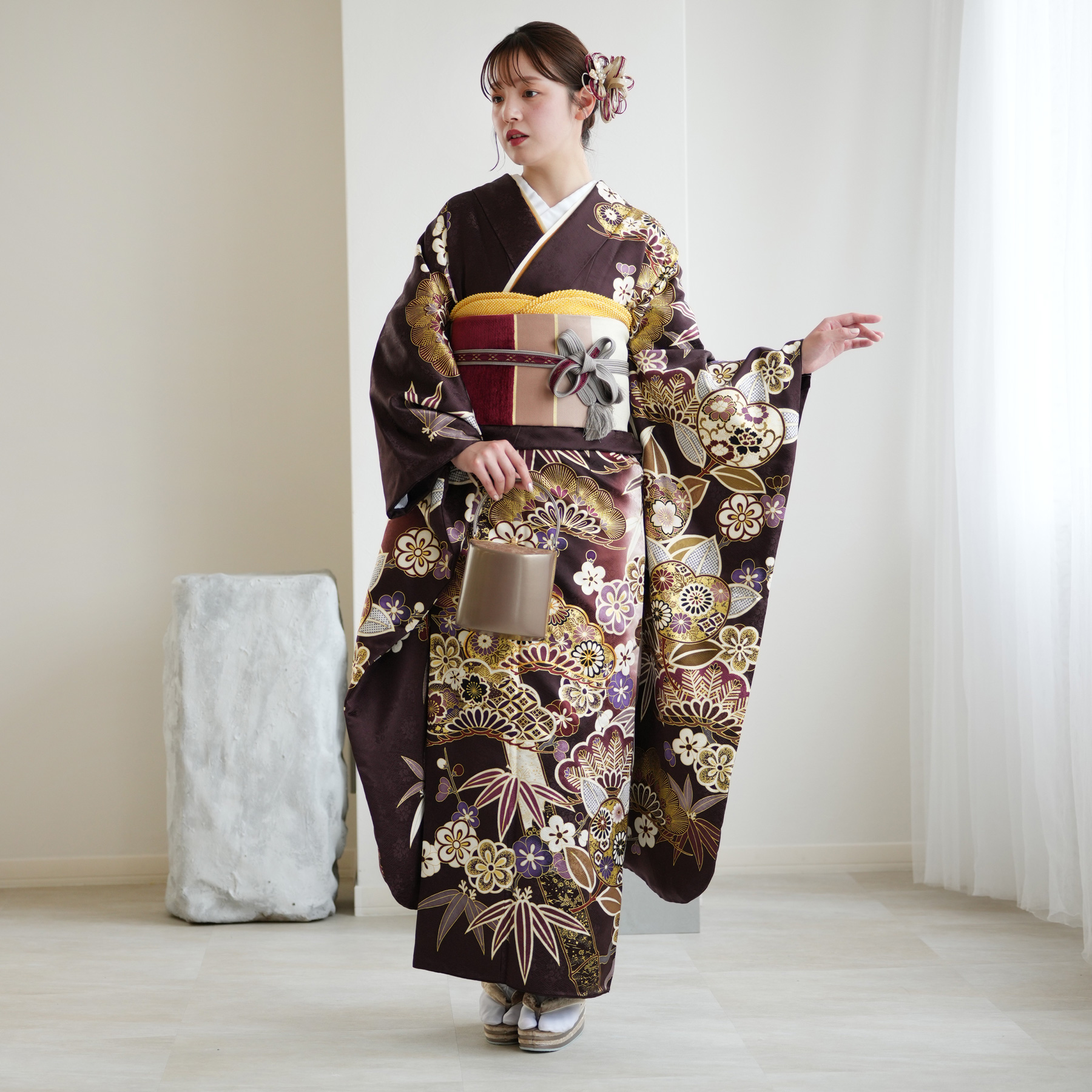 レンタル 振袖 正絹着物+袋帯 21点セット 絵羽 特選・渋紫に華やか吉祥