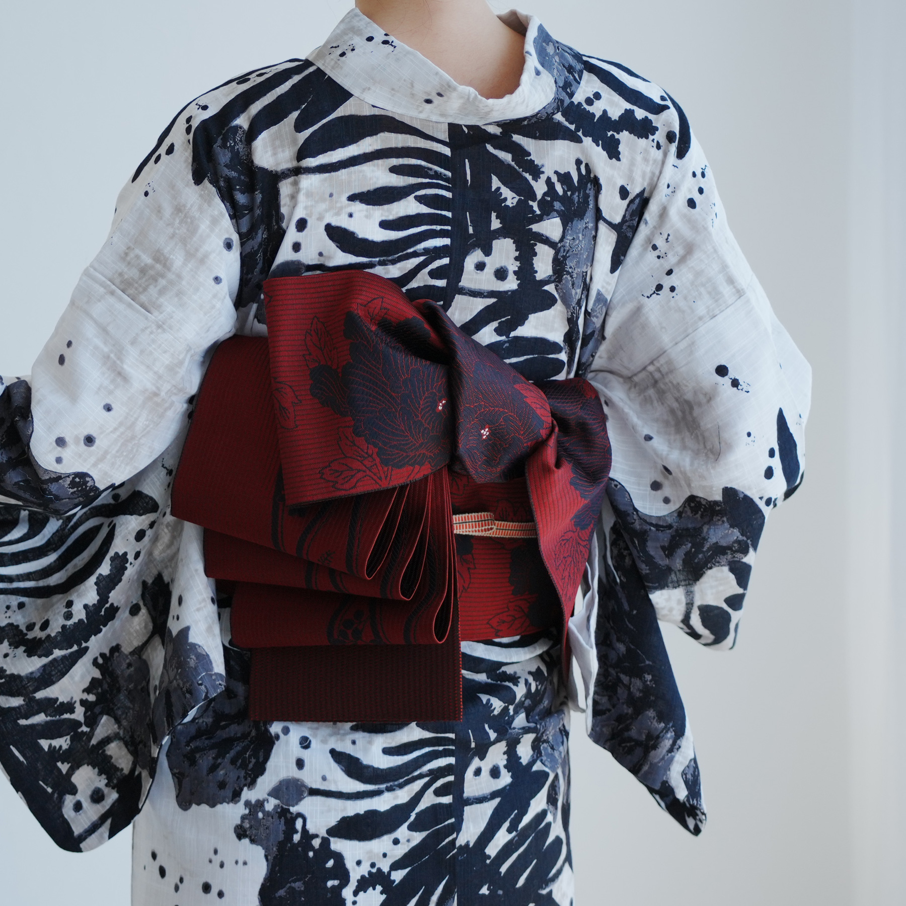 utatane 帯 小袋帯 正絹 半幅帯 博多織 長尺 リバーシブル 牡丹 レッド