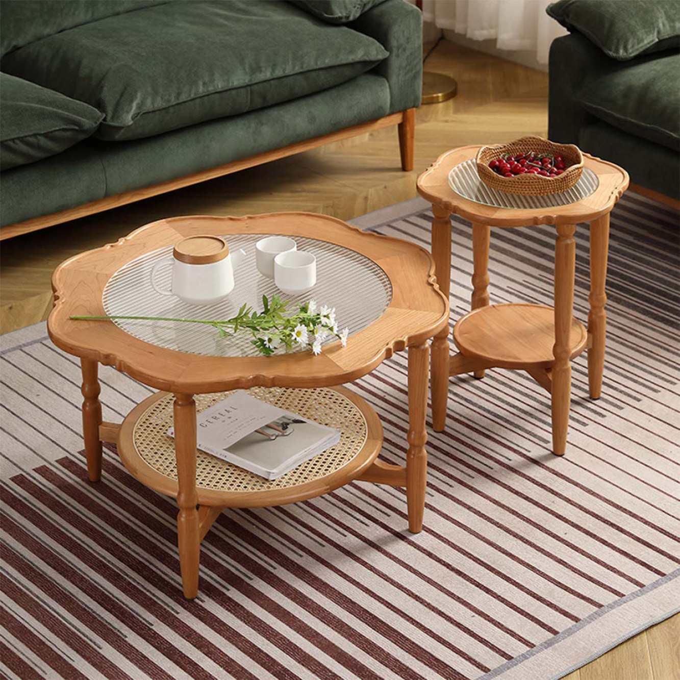 小] VeroMan ラタン編みサイドテーブル ローテーブル テーブル セット