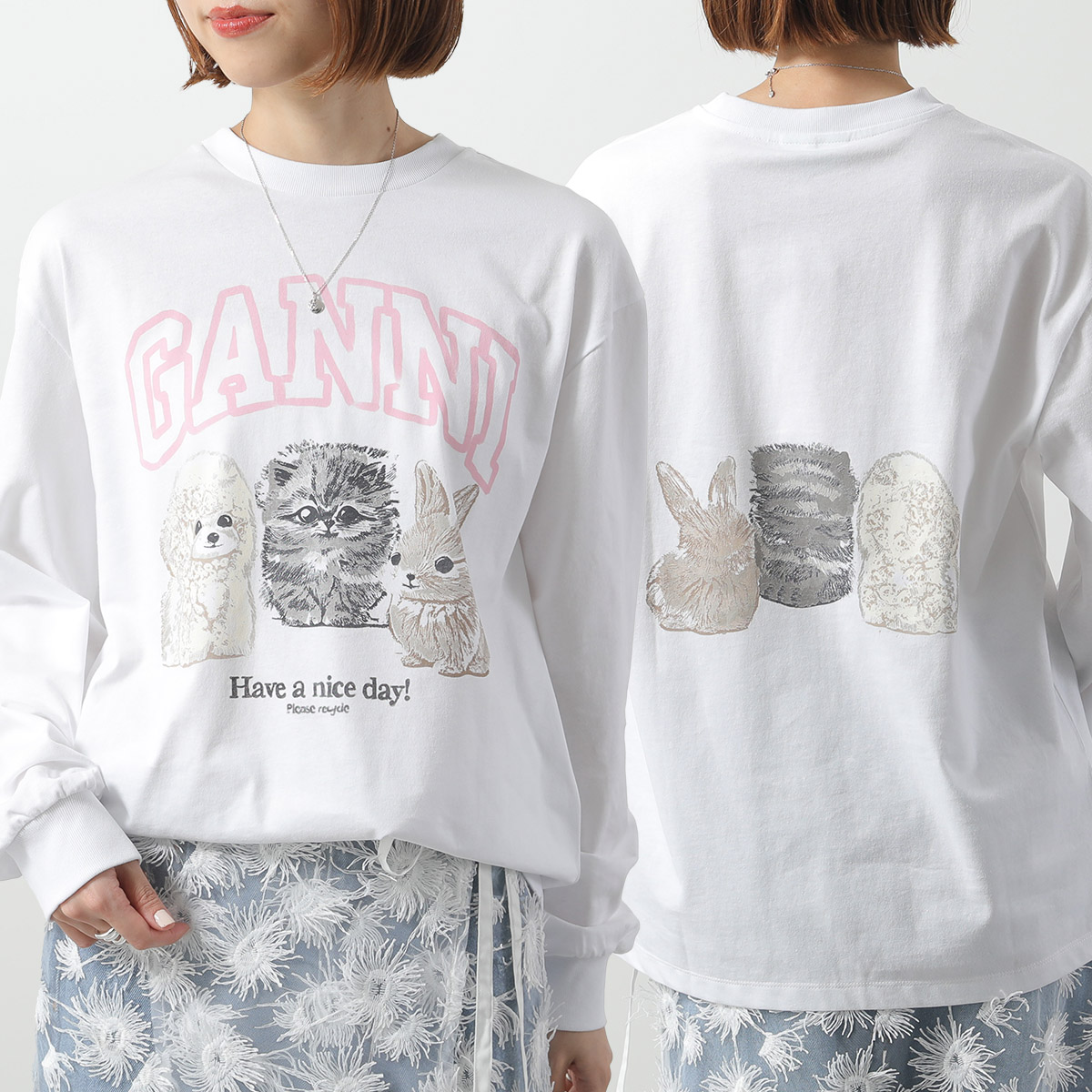 GANNI（ガニー） 長袖 Tシャツ Re-cut Heavy Jersey Animals Long