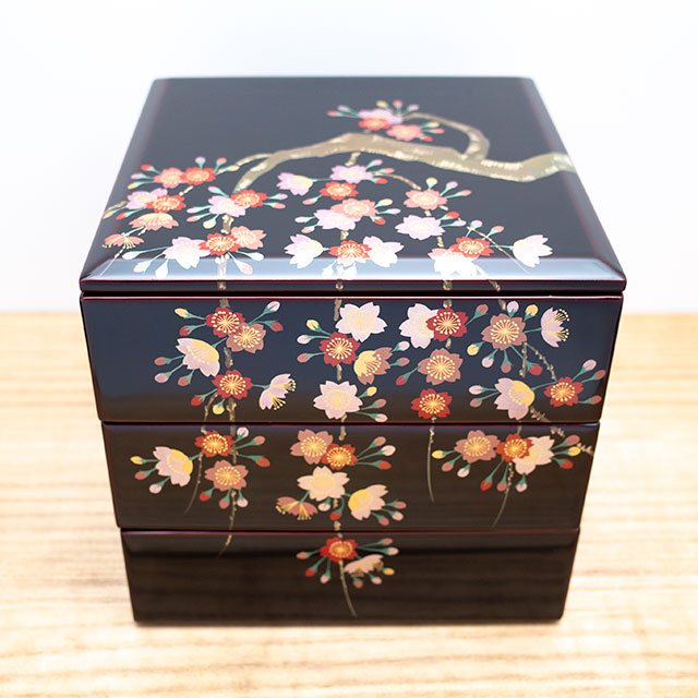重箱 川連 漆器 木製 三段 漆 漆塗り 桜 おせち 日本製 高級 木 黒 6寸
