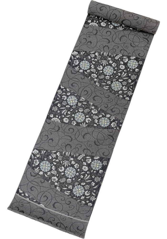 名古屋帯 正絹 九寸帯 黒 花模様 02 日本製 西陣 弥栄織物 唐草 新品