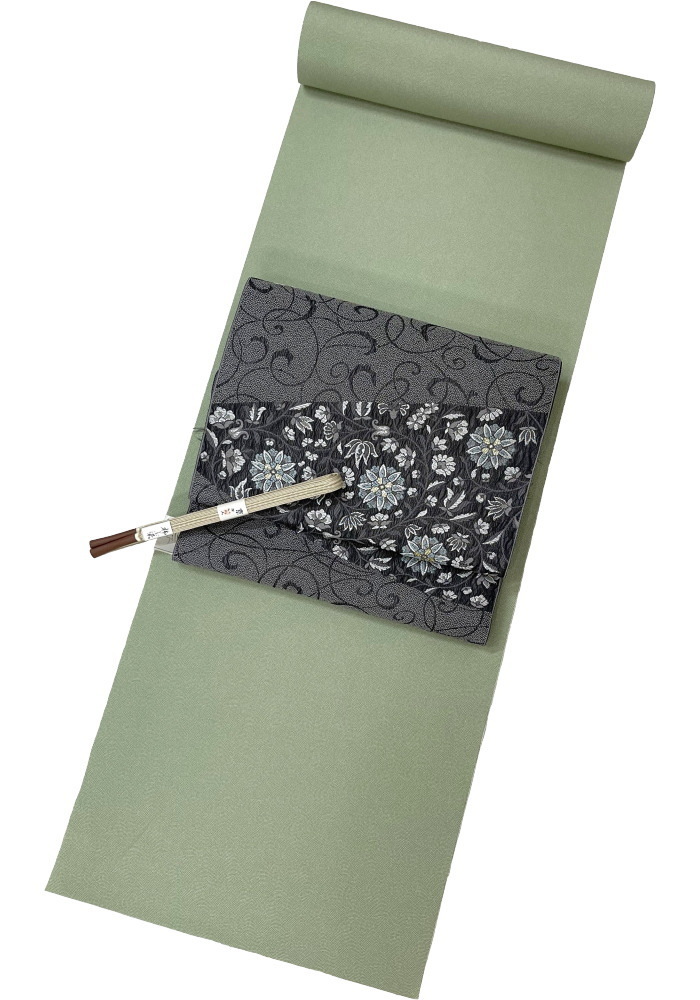 名古屋帯 正絹 九寸帯 黒 花模様 02 日本製 西陣 弥栄織物 唐草 新品