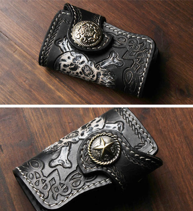 レザー 本革 キーケース キーホルダー カービング ドクロ スカル