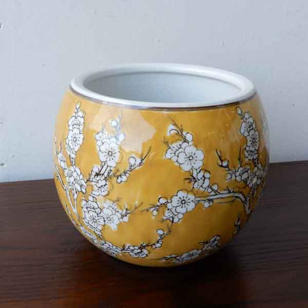火鉢 小梅/黄色・緑 花器 和モダン 梅 うめ 小花 花 陶器鉢 水鉢 鉢