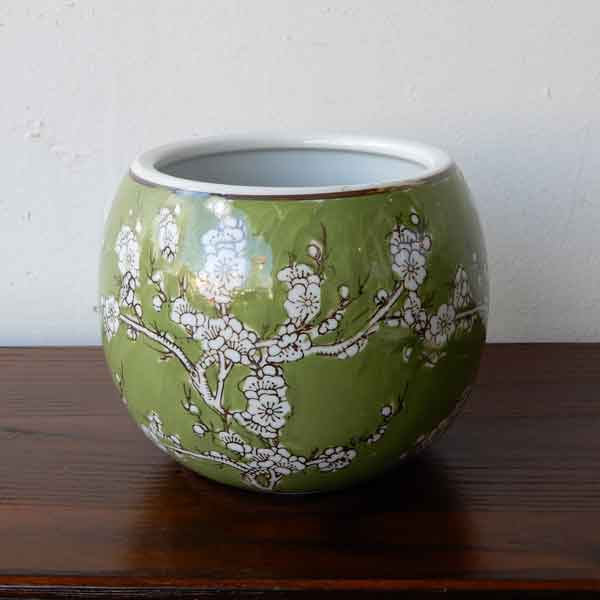 火鉢 小梅/黄色・緑 花器 和モダン 梅 うめ 小花 花 陶器鉢 水鉢 鉢