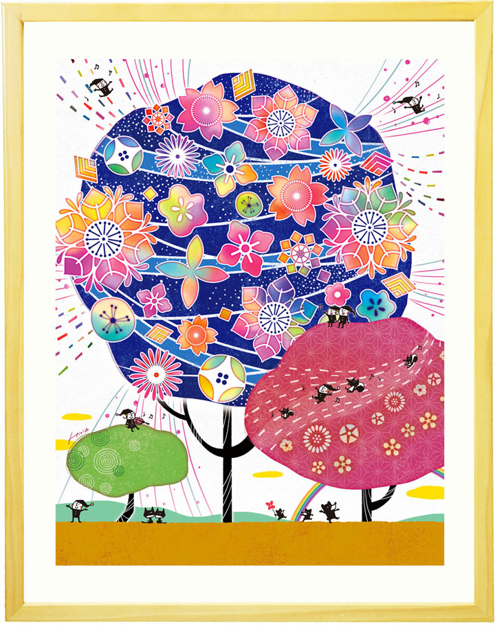 プレゼント 絵 幸せアート(しあわせ花音 藍色/名入れ-Mサイズ) 喜寿