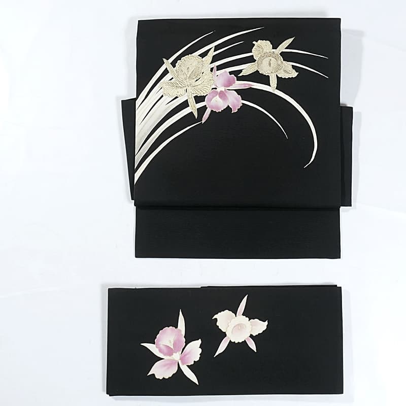 名古屋帯 作り帯 付帯 造り帯 二部式帯 胡蝶蘭 塩瀬 染帯 黒