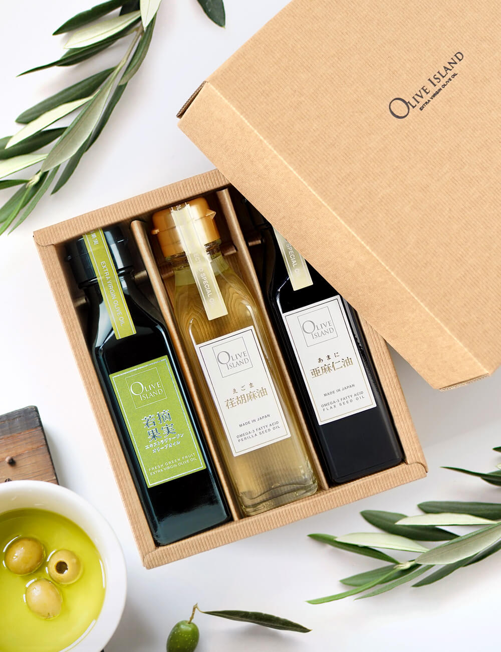 BOX入り調味料ギフトセット 若摘果実EXVオリーブオイル・荏胡麻油