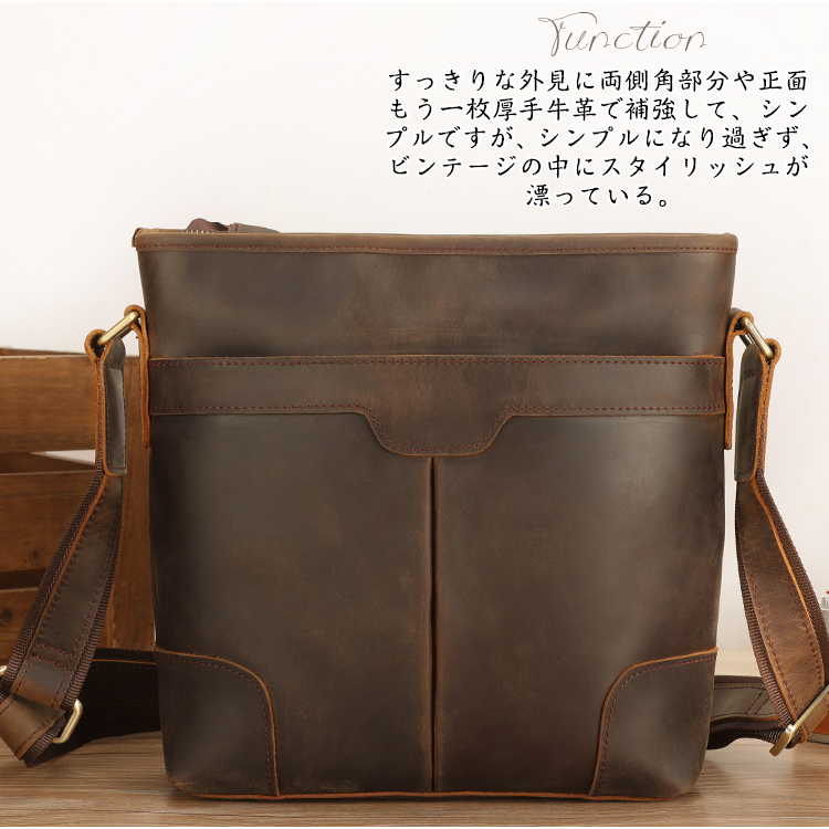 TIDING 本革 ショルダーバッグ 斜め掛けバッグ メンズ 角補強 厚手牛革