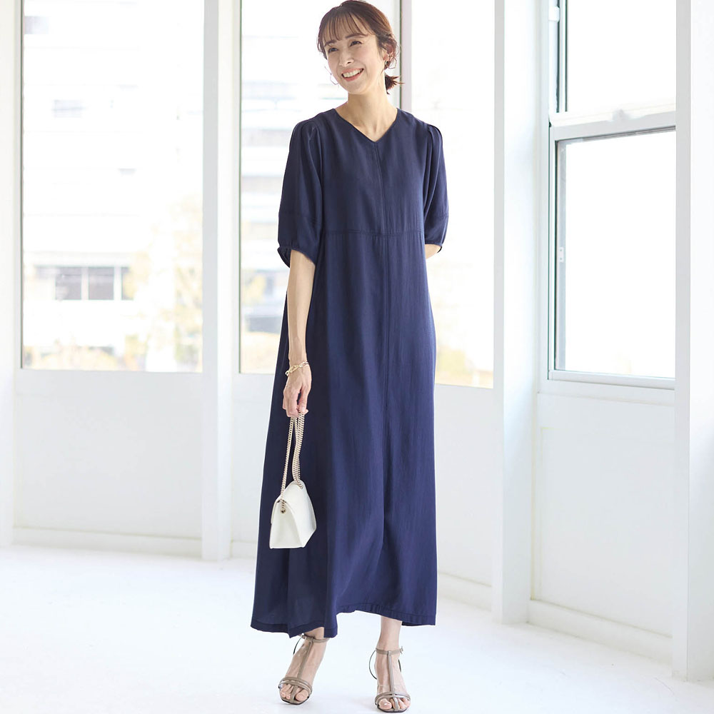 ベルメゾン ステッチ切替えロング丈ワンピース ネイビー S:ベルメゾン