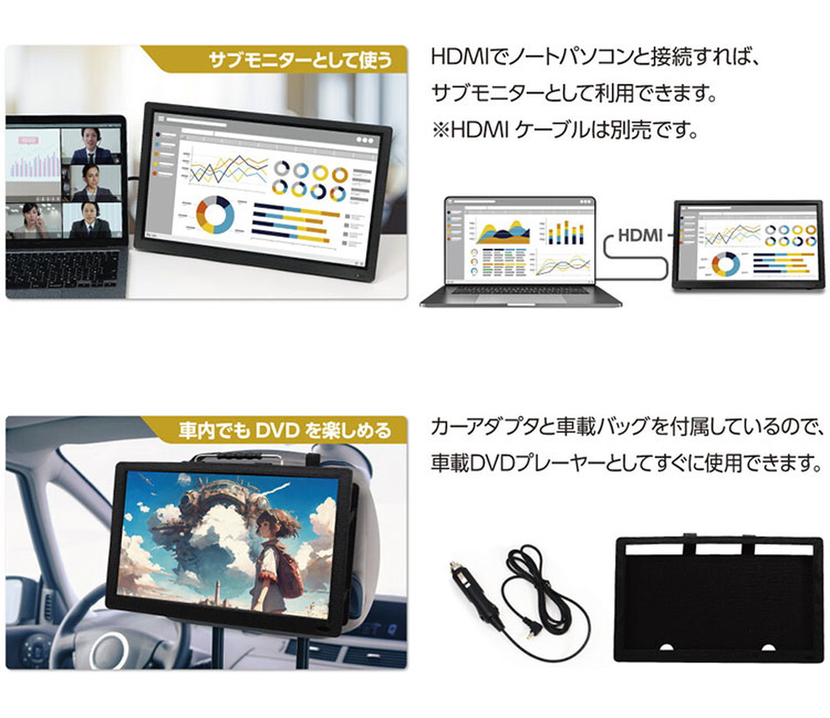 ポータブルテレビ 15.6インチ フルセグ DVD 車載 DVDプレーヤー搭載
