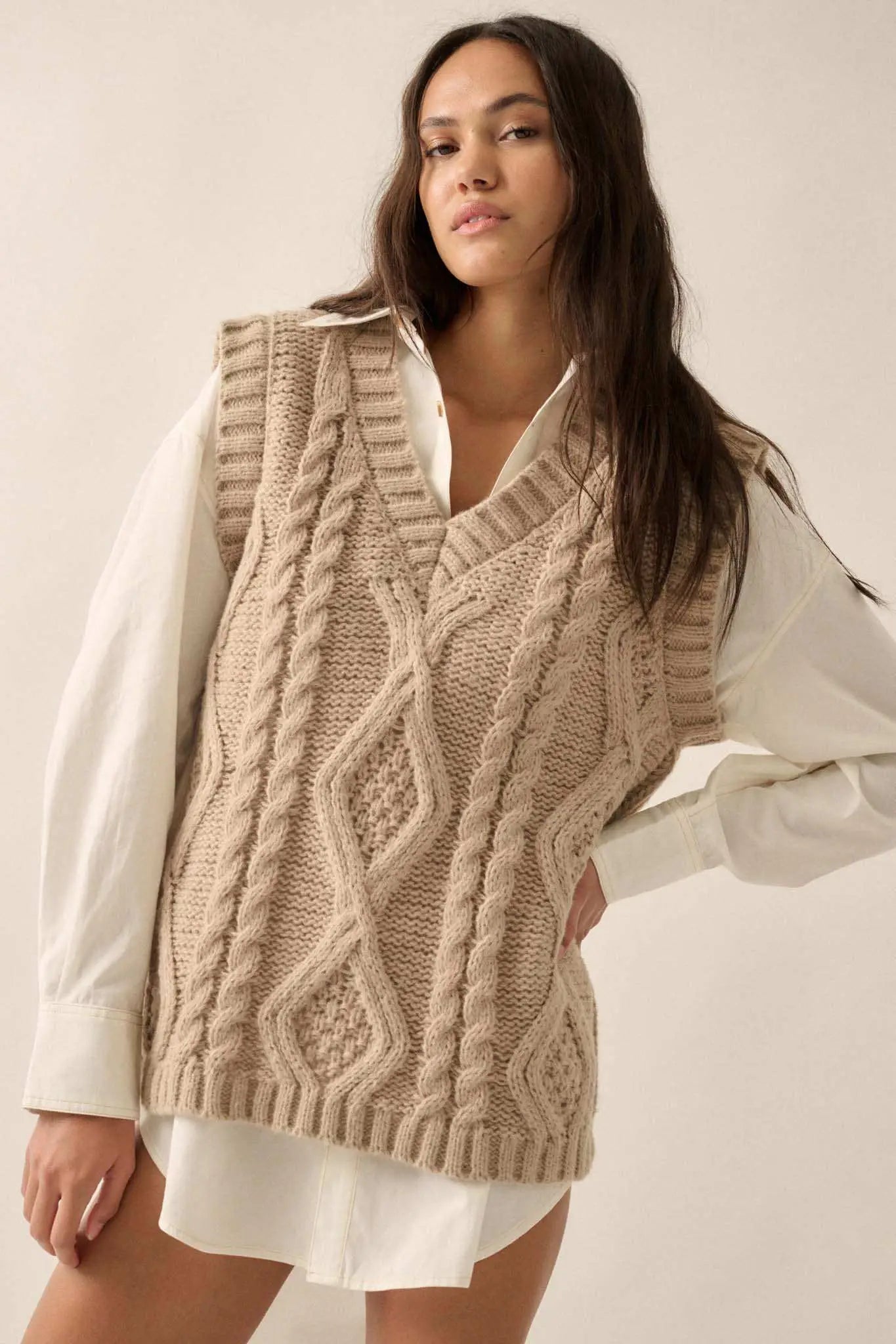 Making the Grade Oversize Cable Knit Sweater Vest
