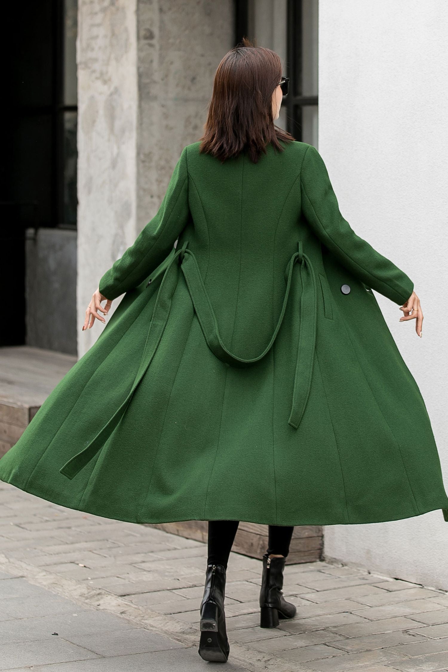 Dark Green Wool Coat – Vintage Double Breasted Winter Maxi | Xiaolizi
