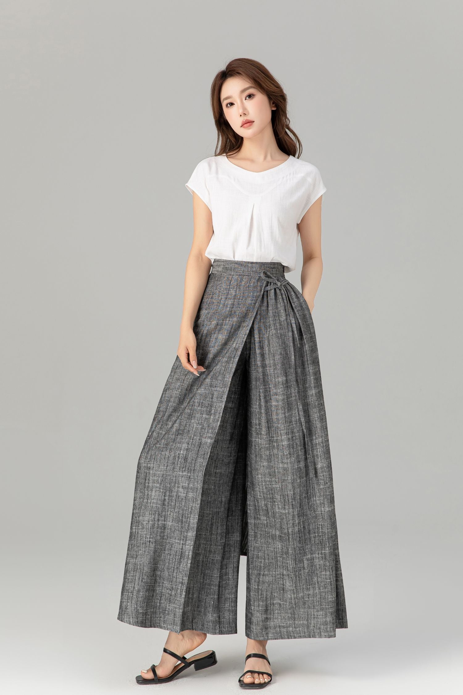 Gray wide leg asymmetrical long linen wrap pants 4938 – Xiaolizi