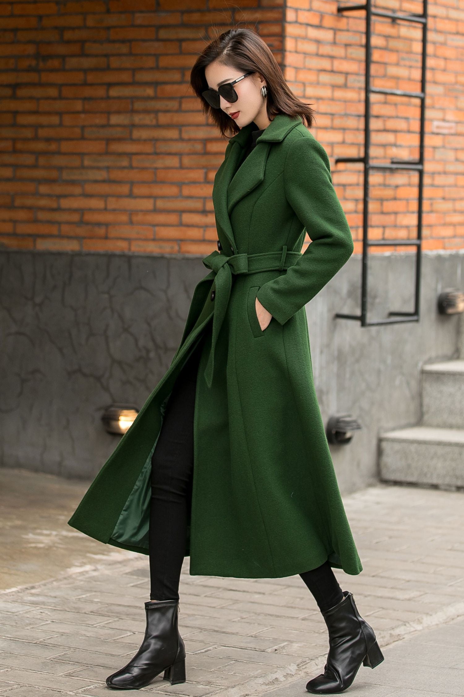 Dark Green Wool Coat – Vintage Double Breasted Winter Maxi | Xiaolizi