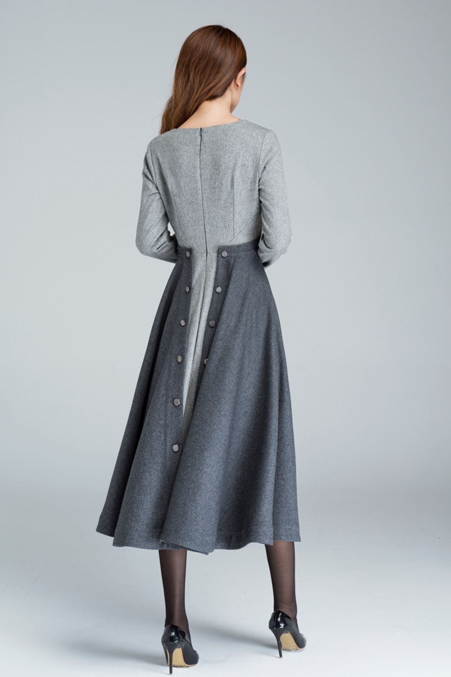 Timeless Grey Wool Fit and Flare Dress – A-Line Silhouette – 1615