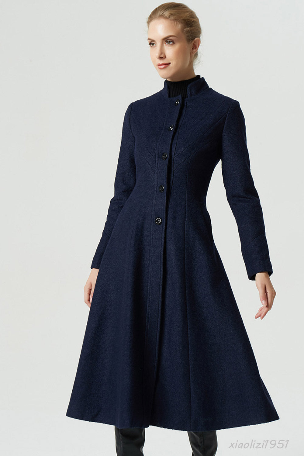 Vintage Wool Coat for Women – Navy A-Line Midi Winter Coat | Xiaolizi