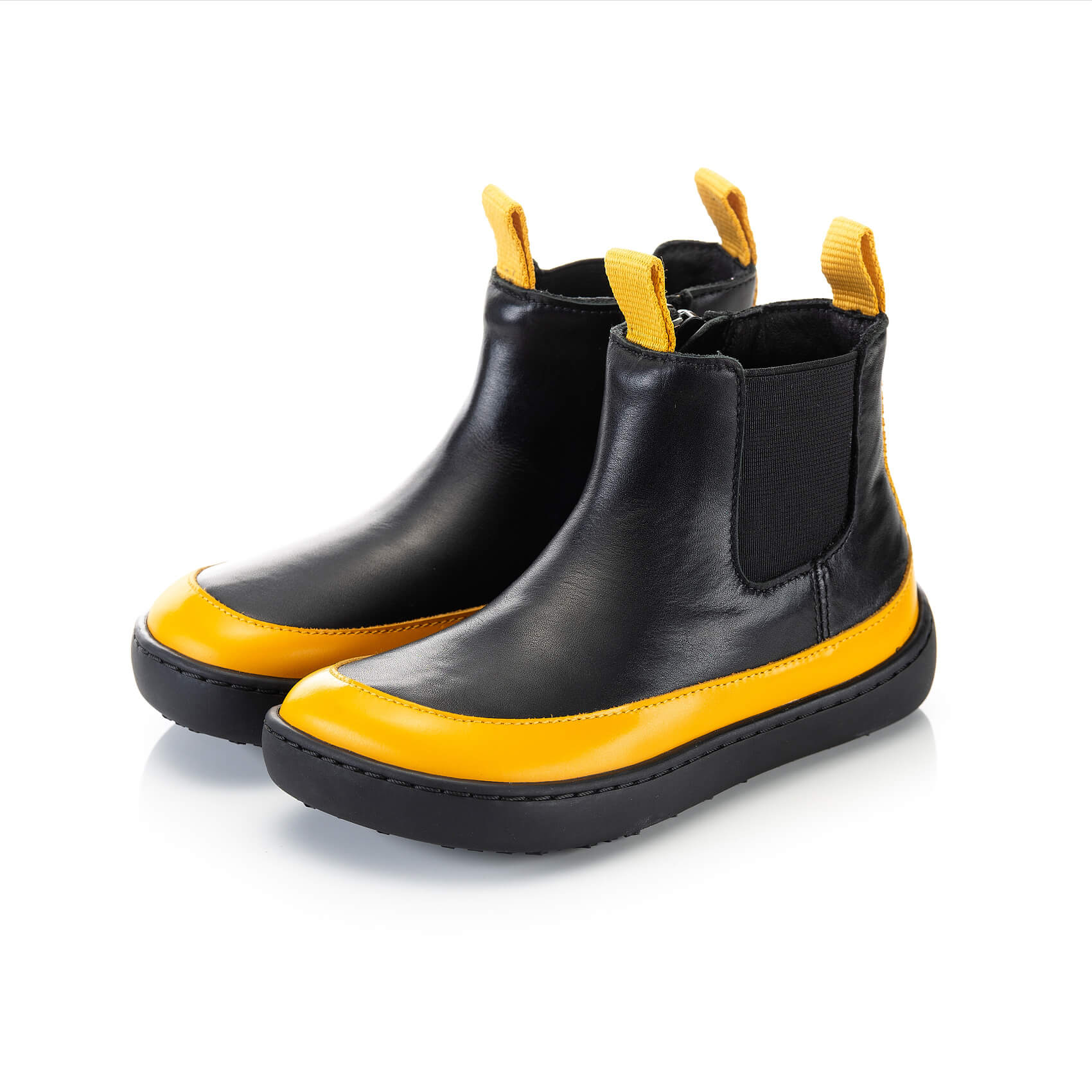 VICTORY Mini kids barefoot Chelsea boots Black & Yellow | SHAPEN