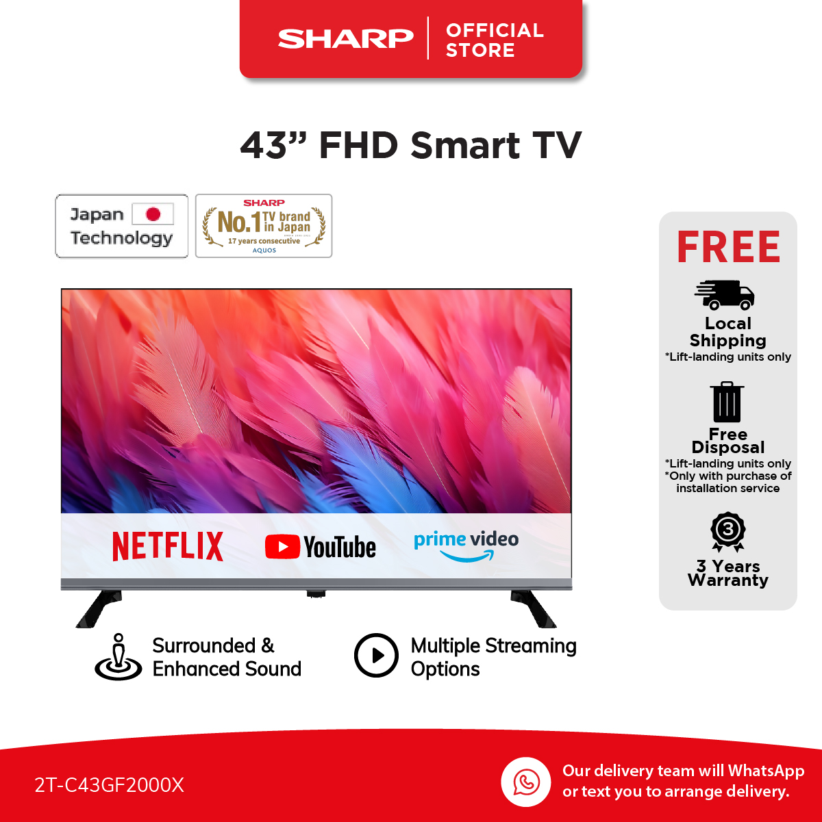 SHARP 43” 2K SMART TV 2T-C43GF2000X | 3 Years Warranty | Official