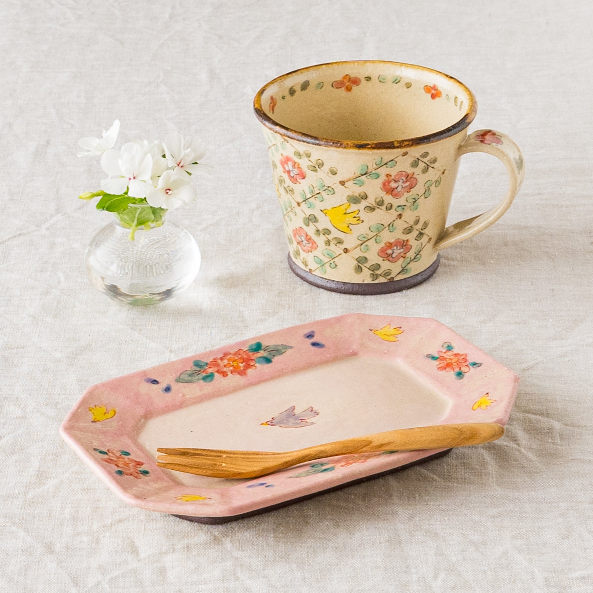 作家 増山文 長角中皿 縁桃紫鳥ピンク ｜作家もののうつわ通販 四季折