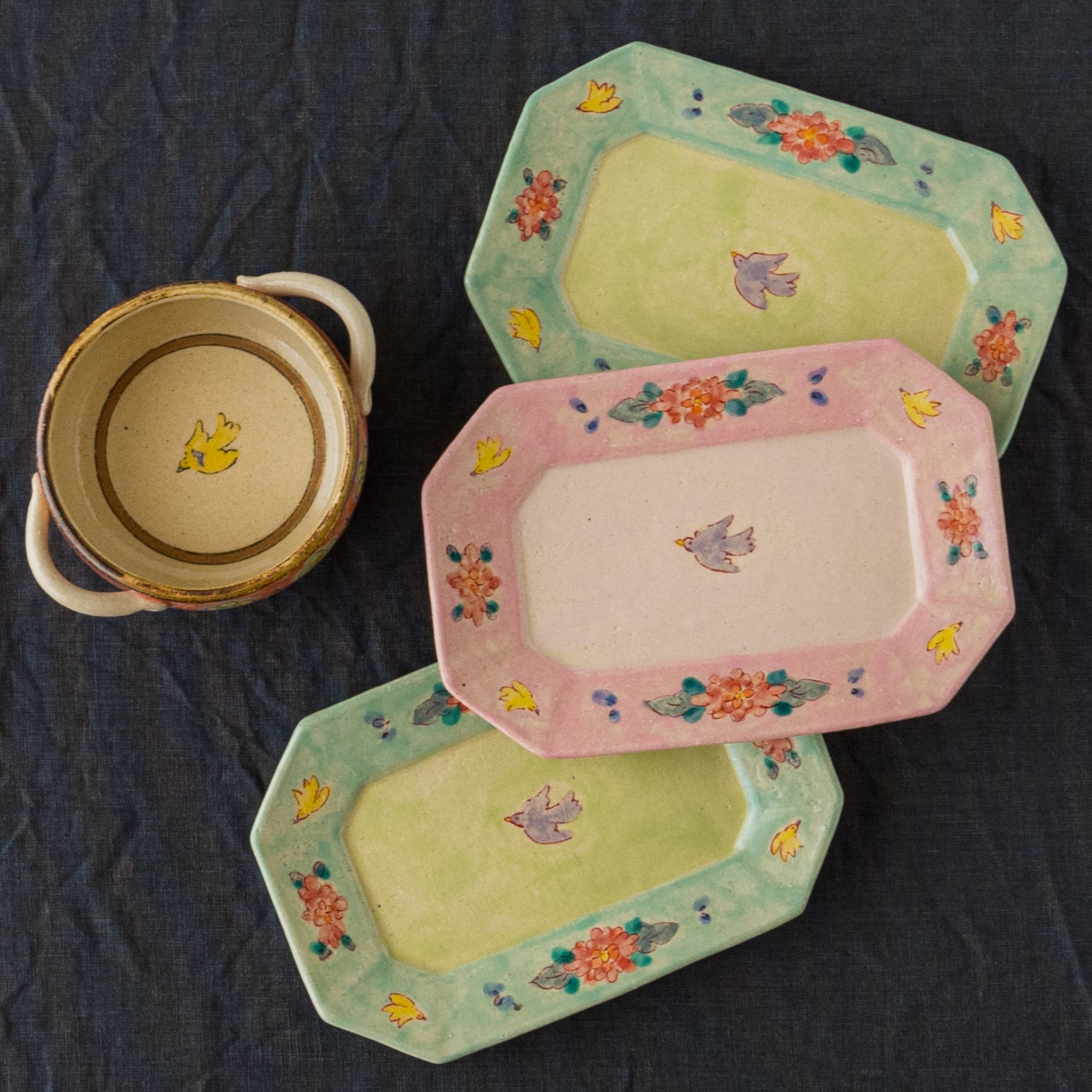 作家 増山文 長角中皿 縁桃紫鳥ピンク ｜作家もののうつわ通販 四季折