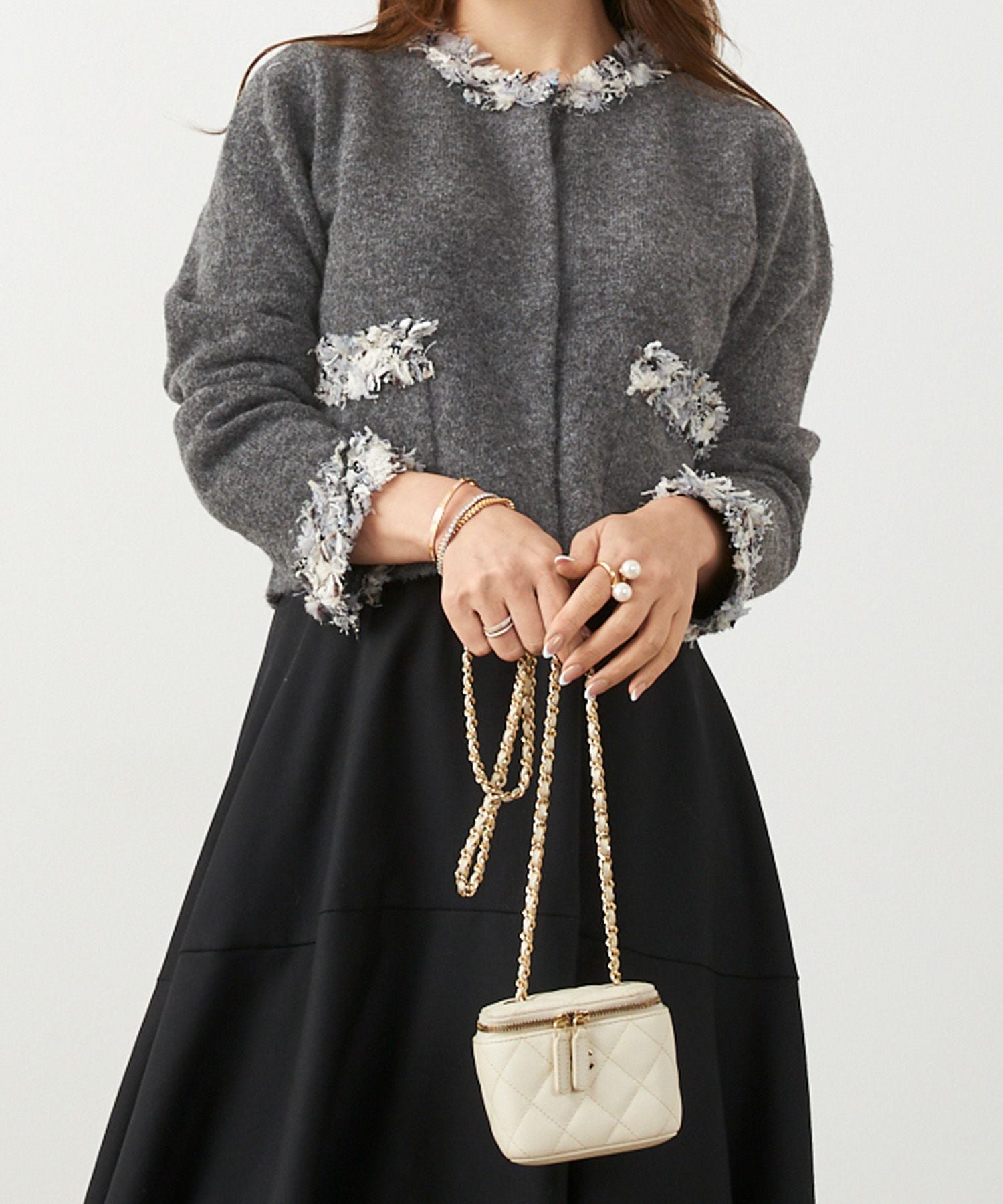 フリンジ ツイード ラウンドネック ニット カーディガン