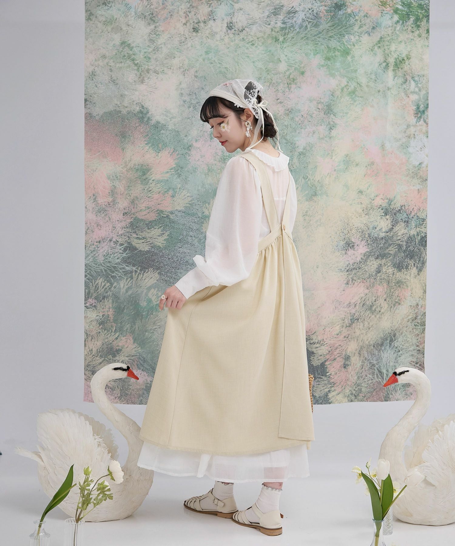 スワン 刺繍 エプロン ワンピース