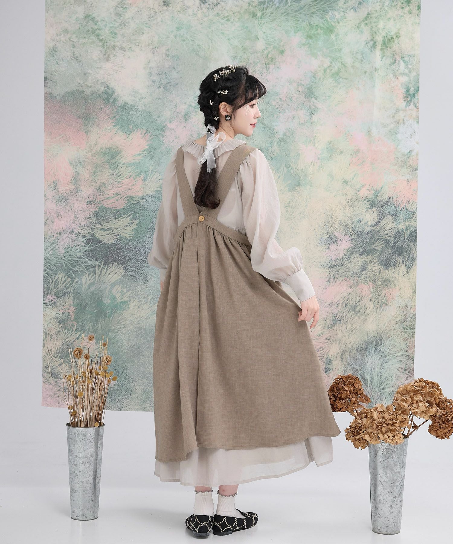 スワン 刺繍 エプロン ワンピース