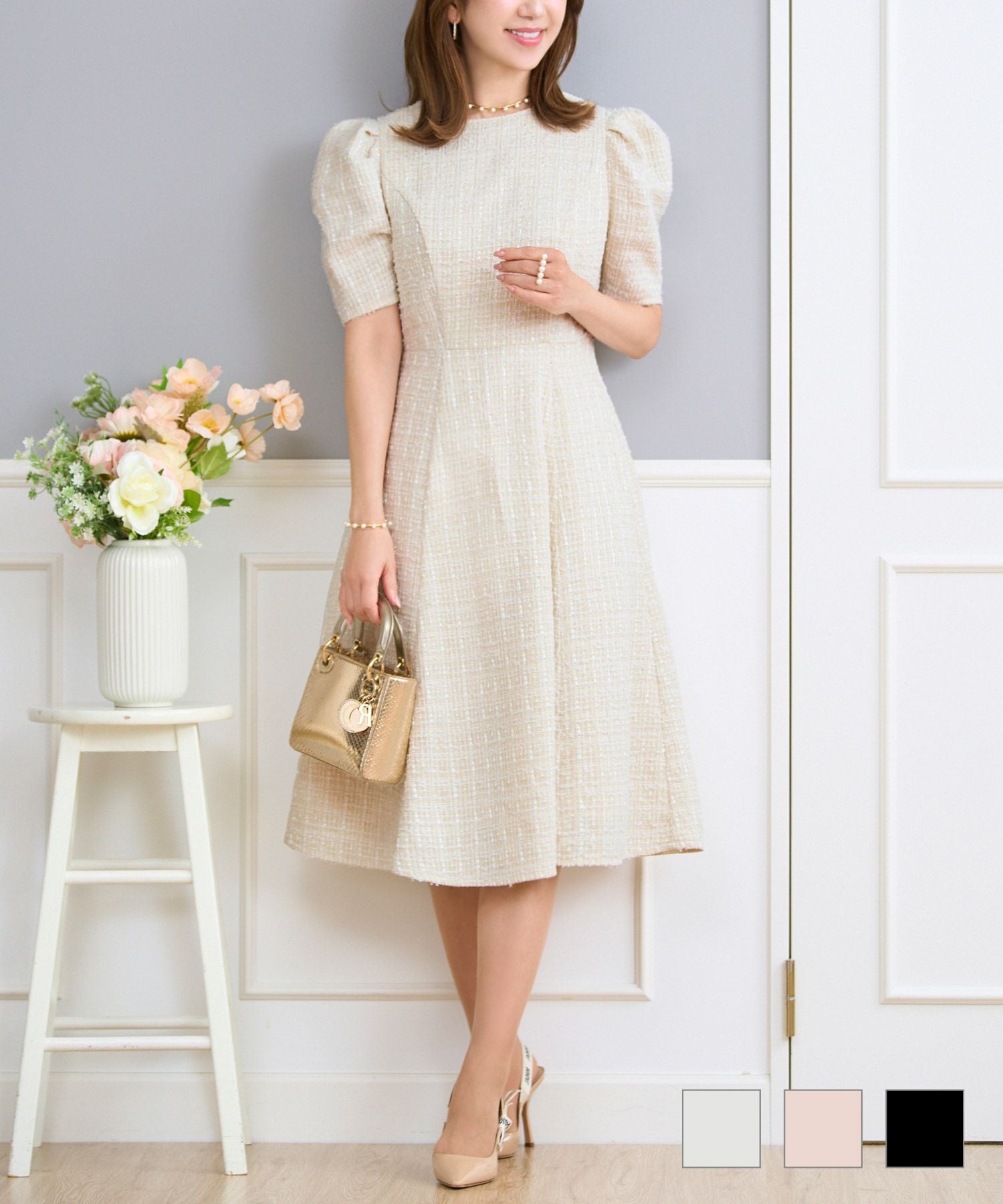 TIME-SALE マトンスリーブ ツイード ワンピース Prima Scherrer 全3色