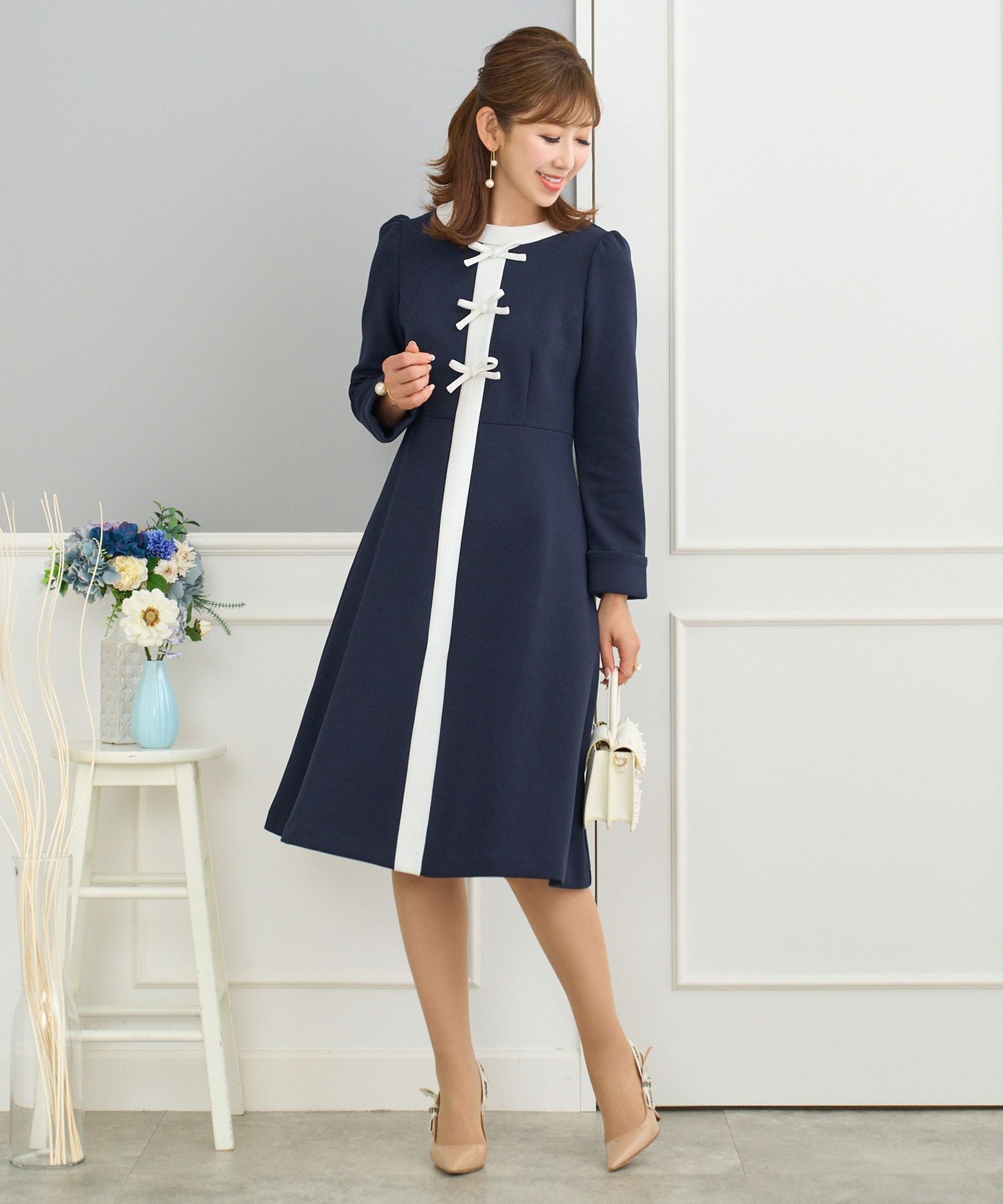 フロントリボン バイカラー フレア ワンピース Prima Scherrer 全4色