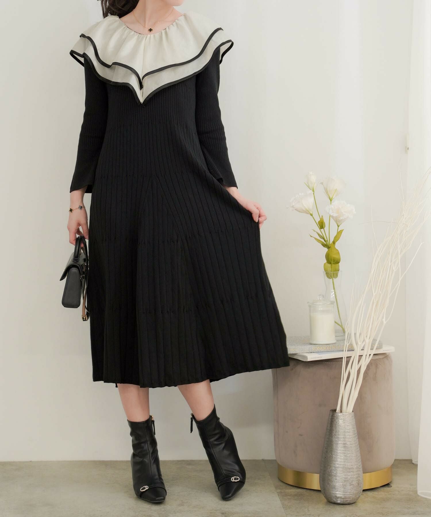 シアー ラッフルフリル Vラインネック ニット ワンピース le reve