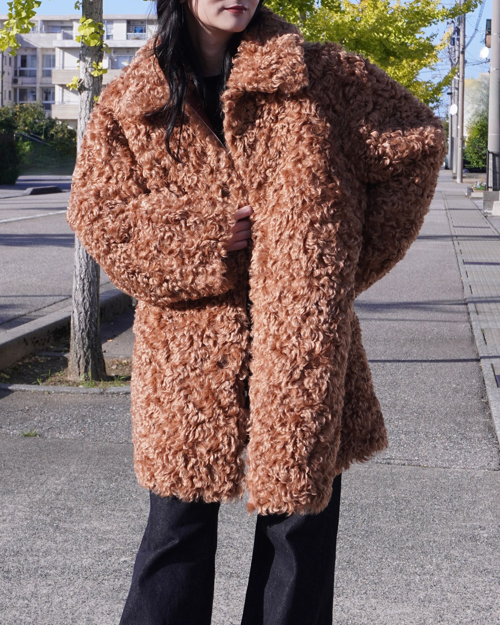 THINK FUR - Vintage Like Fake Mouton Reversible Coat (テラコッタ