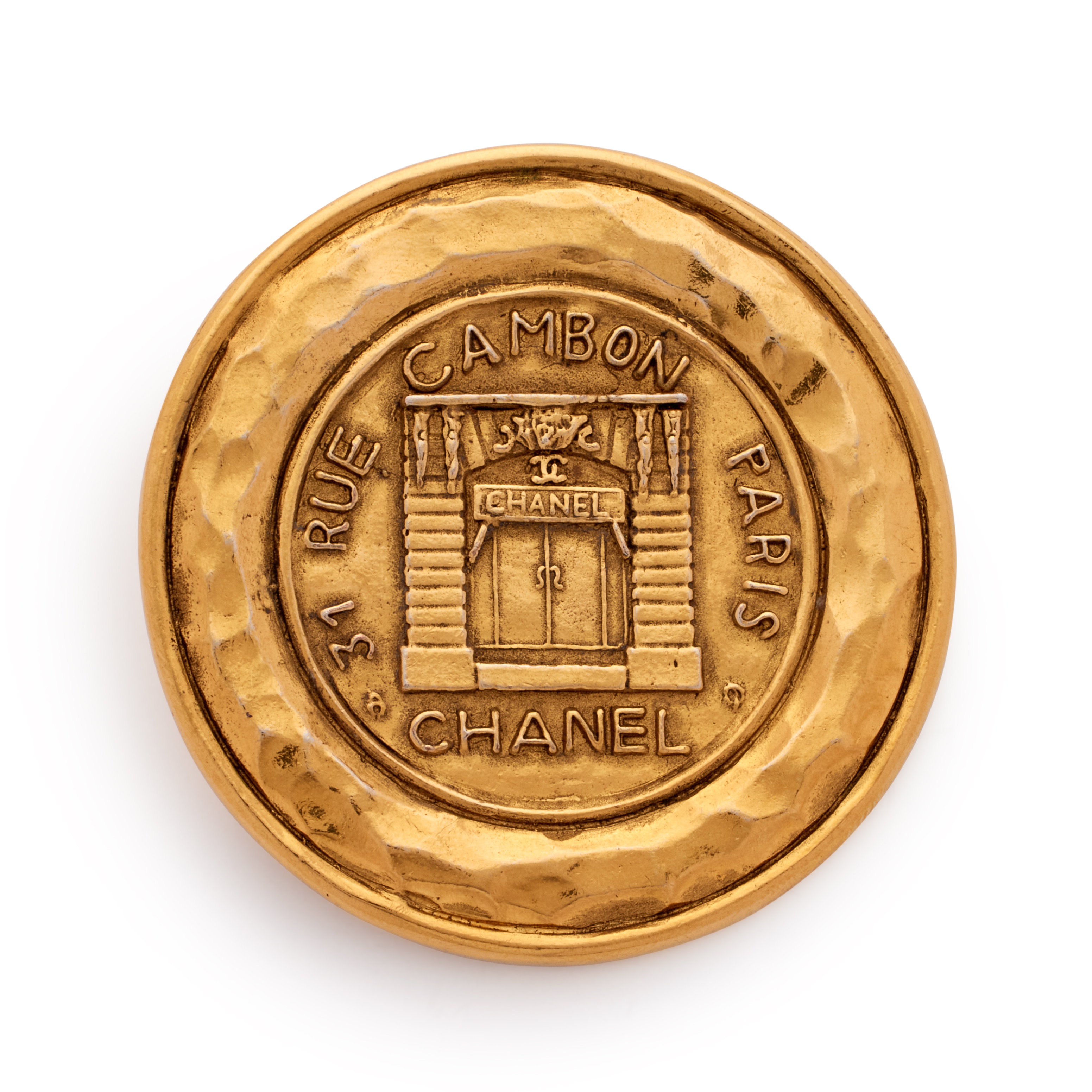 Chanel Gold Metal 31 Rue Cambon Brooch, 1990s Available For